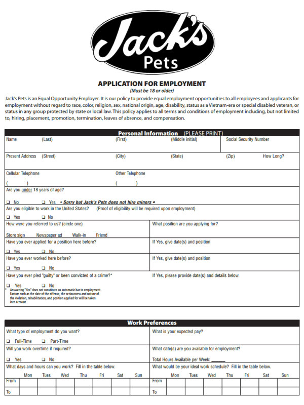 Incredible pets job application