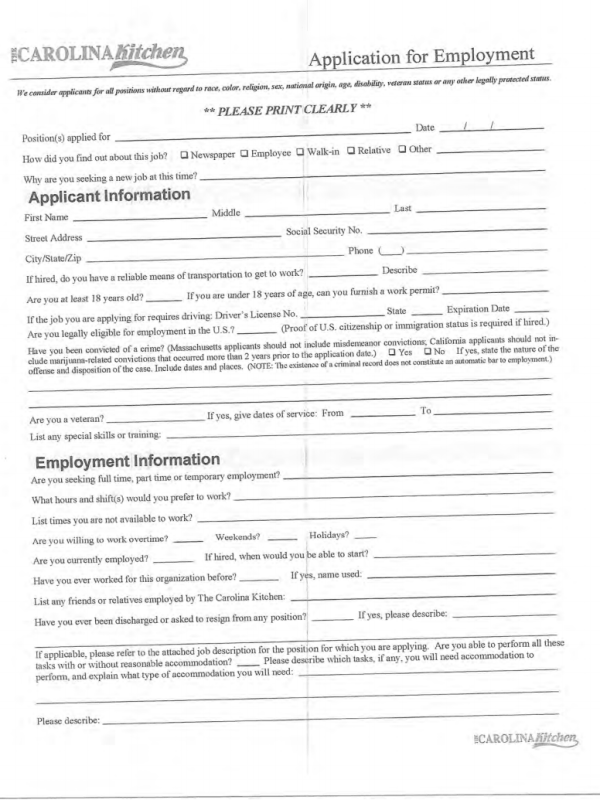 Applying for Carolina Kitchen Job Application Form