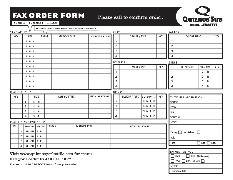 What Is Quiznos Fax Order Form.