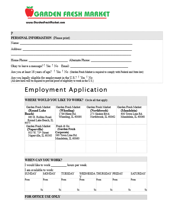 Garden Fresh Market Job Application Form : Let’s Apply
