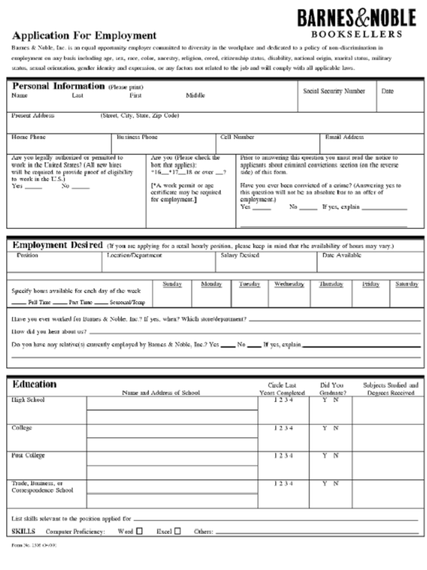Barnes and noble job application form 2012