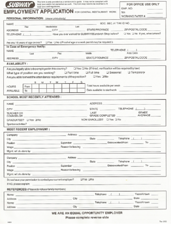 Subway Job Application Form