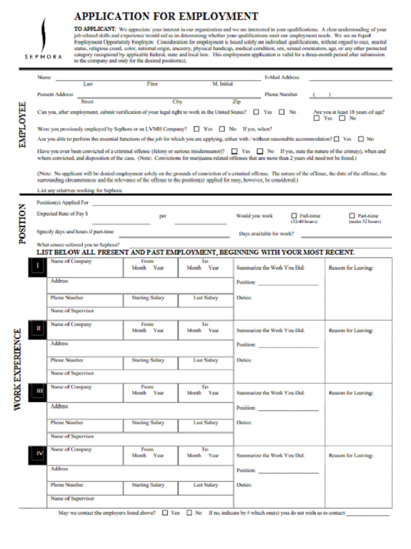 Sephora Job Application Form