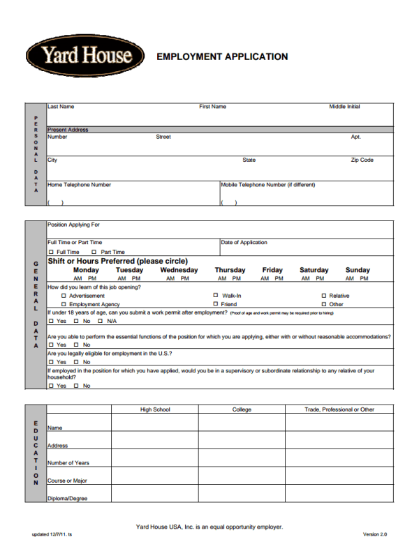 Free Employment Application Template Pdf