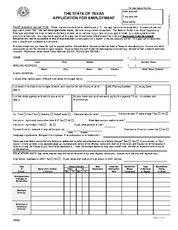 Texas State Job Application Form