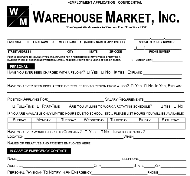 Warehouse Market Job Application Form is Accepting Positions!