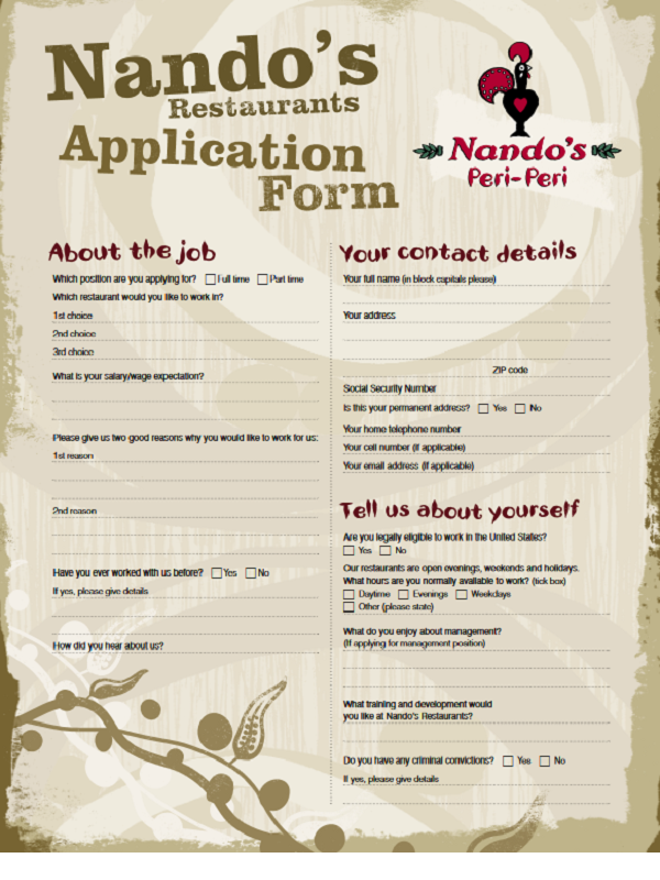 Nandos job application form - Free Job Application Form