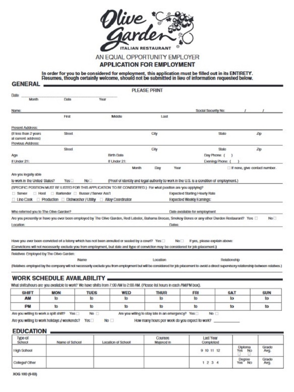 Olive Garden Job Application Form Free Job Application Form