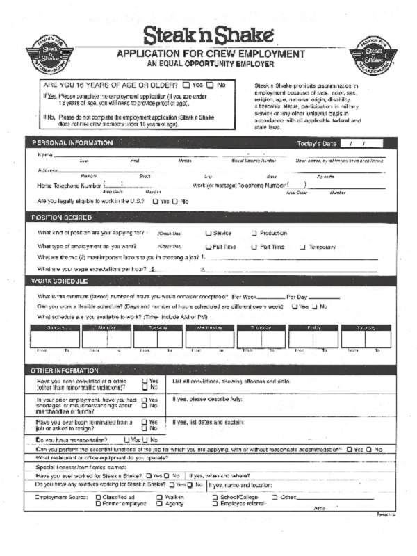 Steak And Shake Job Application Form Free Job Application Form